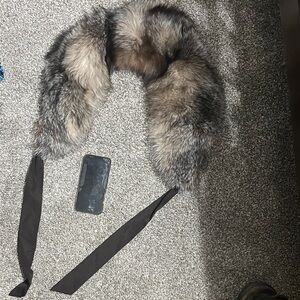 Mitchie’s Matchings Indigo/Silver Fox Fur Scarf Collar Wrap With Ribbon Ties